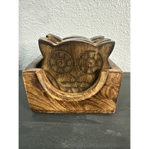 Vintage‎ Owl Mid Century Modern 6 Pc Set Wood Coasters With Caddy Handmade India
